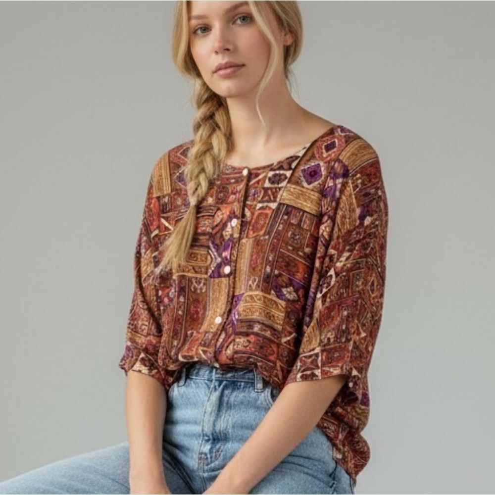 Vintage Abstract Tribal Print Button Down Blouse